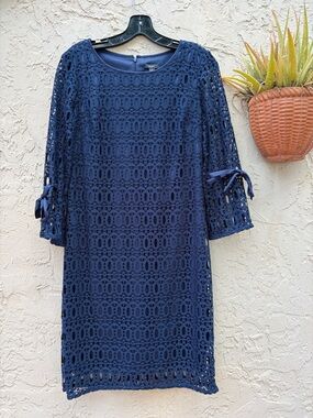 R&K Navy Crochet Lace Midi Dress with Bow Sleeves